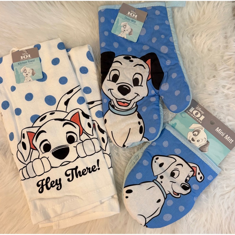 Disney 101 Dalmatians 4pc Kitchen Set Towel Oven Mitt Mini Mitt Blue White NWT